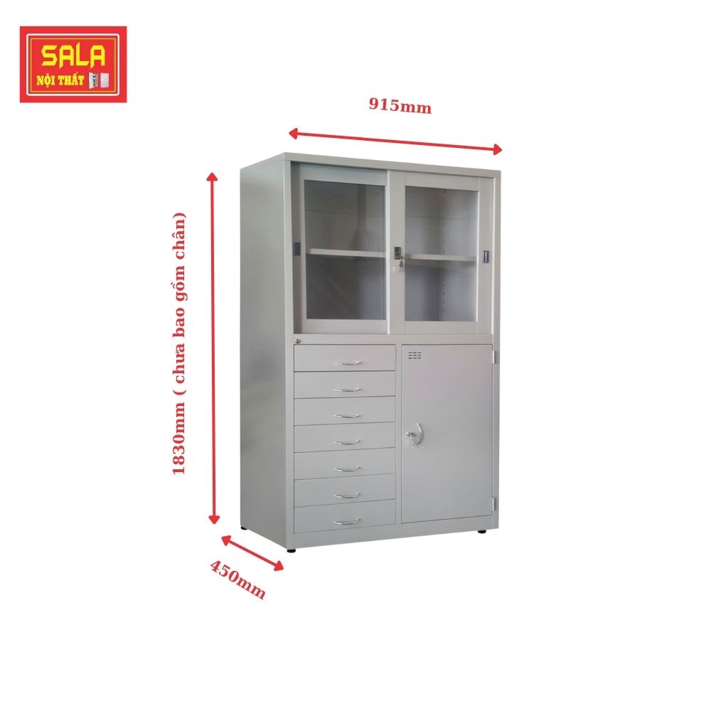 TỦ SẮT HỒ SƠ 2 CÁNH LÙA KÍNH, 1 CÁNH MỞ, 7 HỘC KÉO