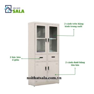 TỦ SẮT HỒ SƠ 2 CÁNH KÍNH MỞ 2 HỘC KÉO 2 CÁNH TÔN MỞ
