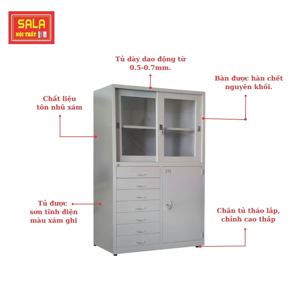 TỦ SẮT HỒ SƠ 2 CÁNH LÙA KÍNH, 1 CÁNH MỞ, 7 HỘC KÉO