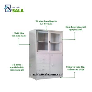 TỦ SẮT HỒ SƠ 2 CÁNH LÙA KÍNH, 1 CÁNH MỞ, 7 HỘC KÉO