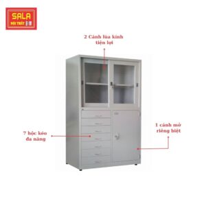 TỦ SẮT HỒ SƠ 2 CÁNH LÙA KÍNH, 1 CÁNH MỞ, 7 HỘC KÉO