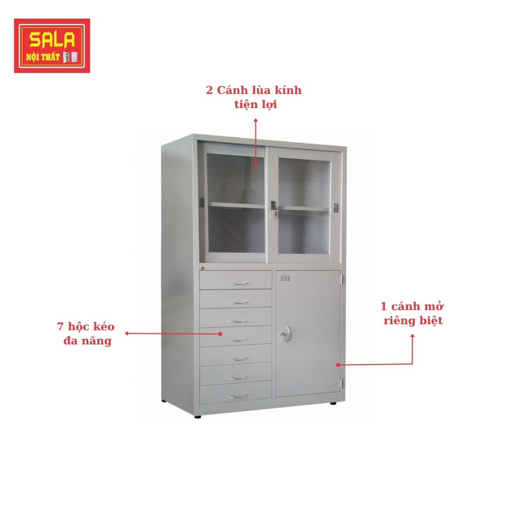 TỦ SẮT HỒ SƠ 2 CÁNH LÙA KÍNH, 1 CÁNH MỞ, 7 HỘC KÉO