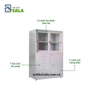 TỦ SẮT HỒ SƠ 2 CÁNH LÙA KÍNH, 1 CÁNH MỞ, 7 HỘC KÉO