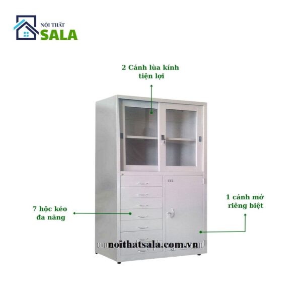 TỦ SẮT HỒ SƠ 2 CÁNH LÙA KÍNH, 1 CÁNH MỞ, 7 HỘC KÉO