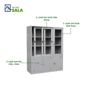TỦ SẮT HỒ SƠ 2 CÁNH KÍNH LÙA 1 CÁNH KÍNH MỞ 3 CÁNH TÔN MỞ