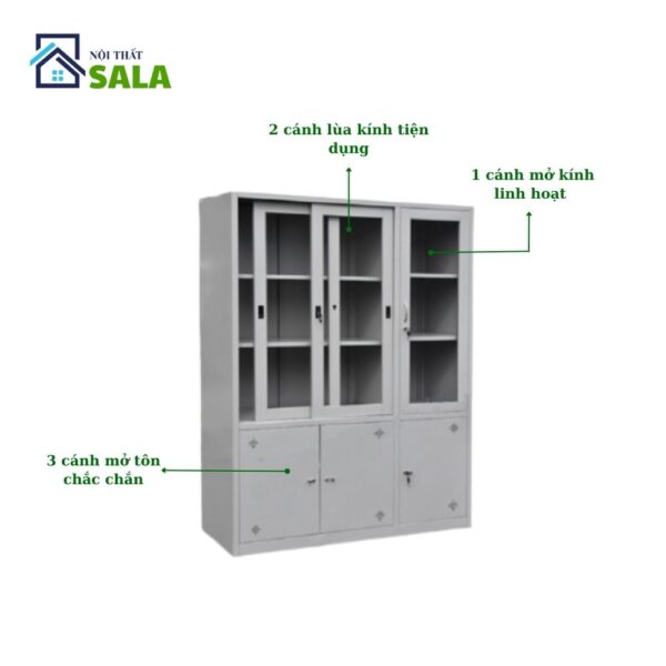 TỦ SẮT HỒ SƠ 2 CÁNH KÍNH LÙA 1 CÁNH KÍNH MỞ 3 CÁNH TÔN MỞ
