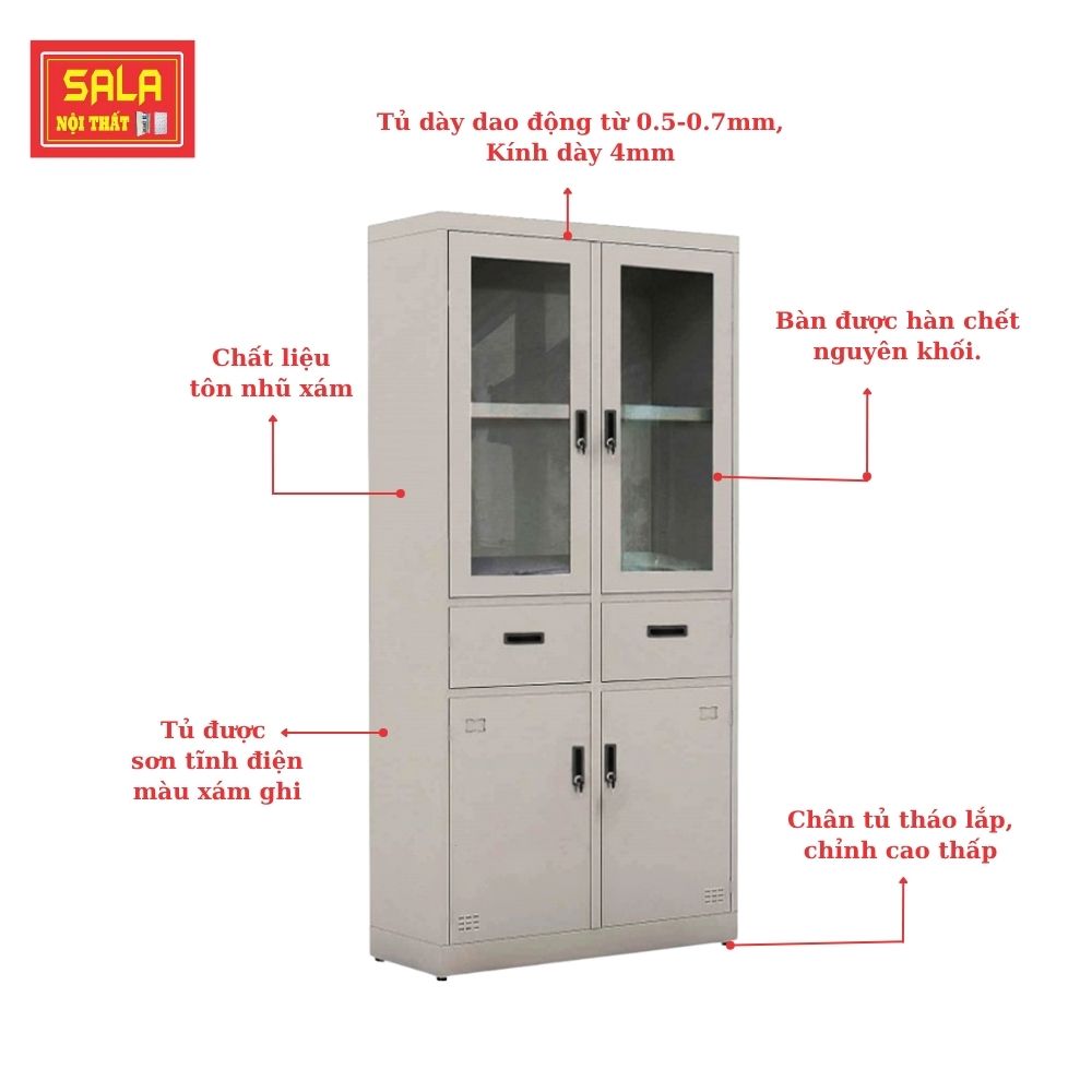 TỦ SẮT HỒ SƠ 2 CÁNH KÍNH MỞ 2 HỘC KÉO 2 CÁNH TÔN MỞ