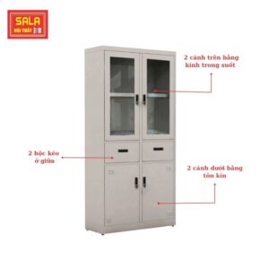 TỦ SẮT HỒ SƠ 2 CÁNH KÍNH MỞ 2 HỘC KÉO 2 CÁNH TÔN MỞ