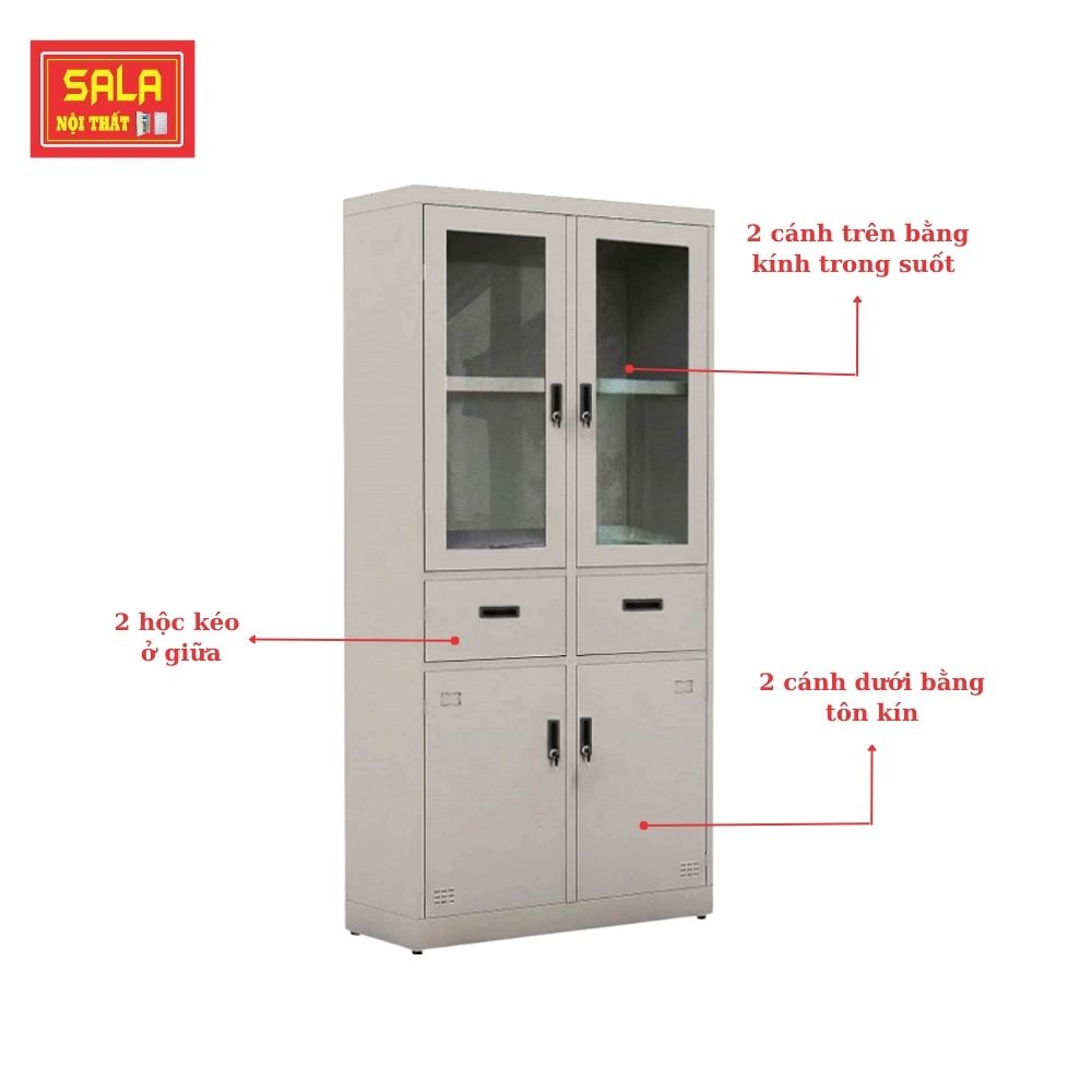 TỦ SẮT HỒ SƠ 2 CÁNH KÍNH MỞ 2 HỘC KÉO 2 CÁNH TÔN MỞ