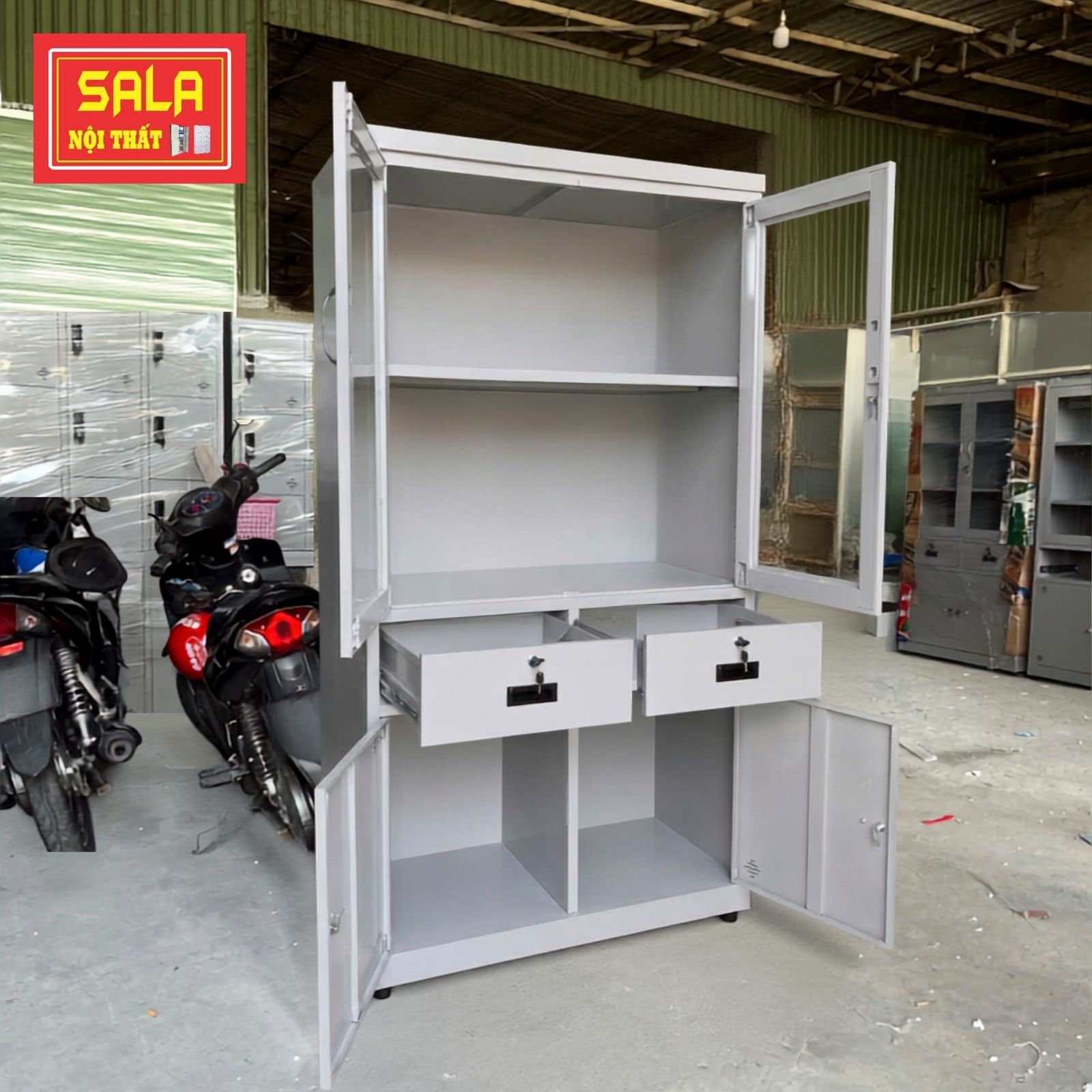 TỦ 2 CÁNH KÍNH MỞ, 2 HỘC KÉO, 2 CÁNH TÔN MỞ (3)