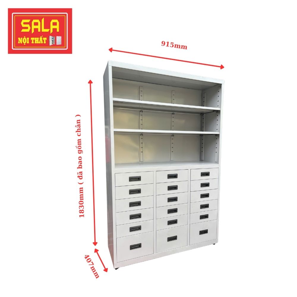 TỦ HỘC KÉO SẮT 8 NGĂN, KỆ 3 TẦNG