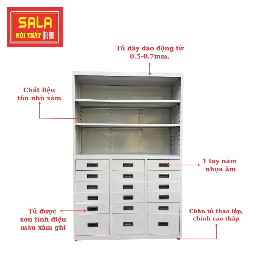 TỦ HỘC KÉO SẮT 8 NGĂN, KỆ 3 TẦNG
