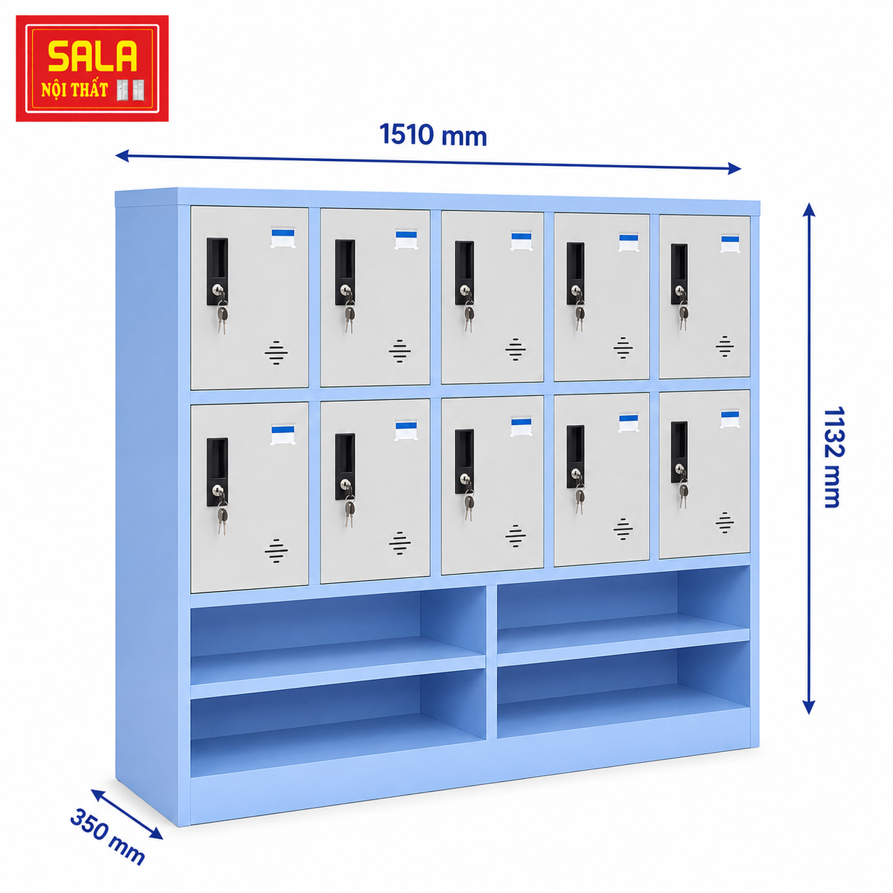 TỦ LOCKER SẮT 10 NGĂN, 4 KHOANG ĐỂ ĐỒ CHO HỌC SINH