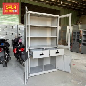 TỦ 2 CÁNH KÍNH MỞ, 2 HỘC KÉO, 2 CÁNH TÔN MỞ